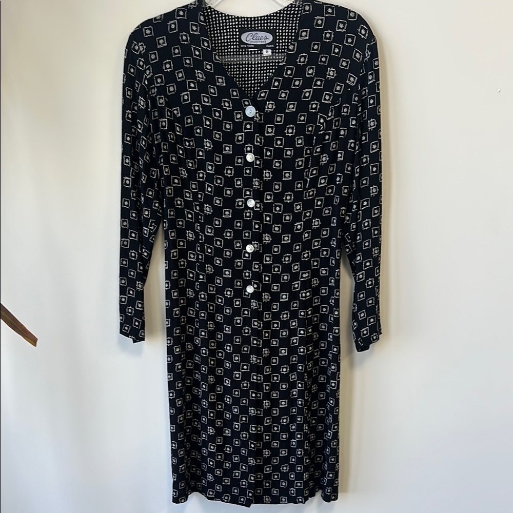 Clues Collection Sz 6 VTG Black Long Sleeve Patterned Duster w/Tie-Back